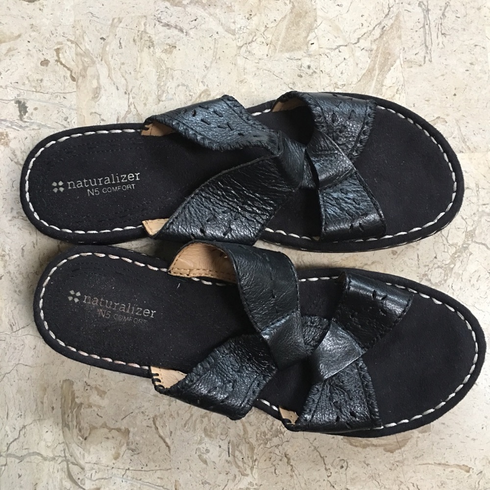 Black Leather Sandal Low Heel Open Toe N5Comfort Slide Sutton Size 11